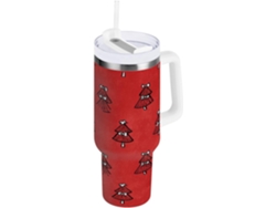 Taza térmica navideña, capacidad de 1200 ml, con pajita y tapa de acero inoxidable. Sin marca.