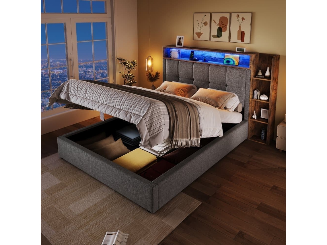 Cama Tapizada 90x200 Cm - Con Función De Carga Usb Tipo C, Almacenamiento Multifuncional, Iluminación Led, Botón De Presión/app, Lino, Gris