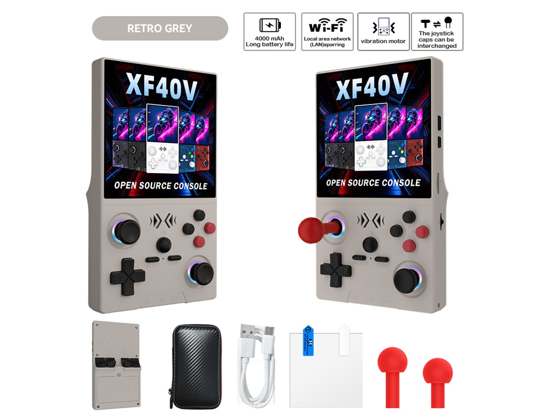 Consola portátil XF40V de código abierto | Pantalla RGB HD de 4", joystick y motor de vibración reemplazables, 64 GB, gris, Sfushos