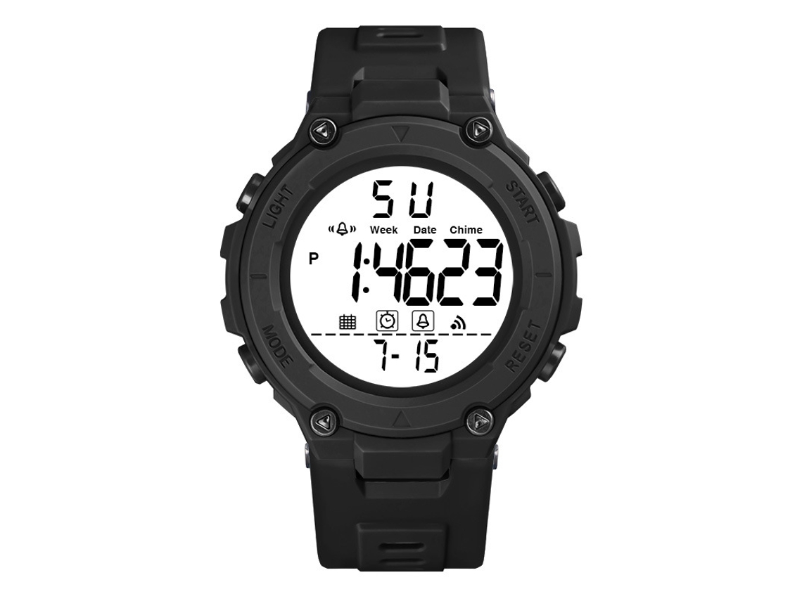 Reloj deportivo, reloj deportivo digital moderno, cronómetro, calendario, movimiento electrónico luminoso.