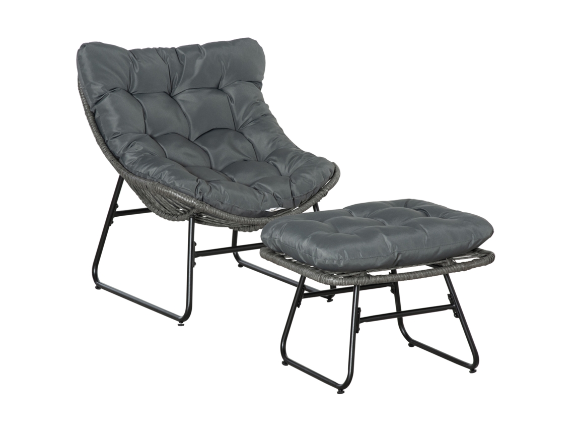 Tumbona Reclinable De Ratán-reposapiés, Silla De Jardín-cojines Gruesos, Para Exteriores Jardín, Balcón O Terraza, Color Gris.