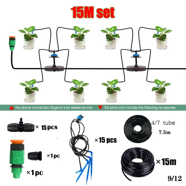 Kit de irrigação MDUG com 15m de tubo e 15 reguladores para plantas em vasos e jardins