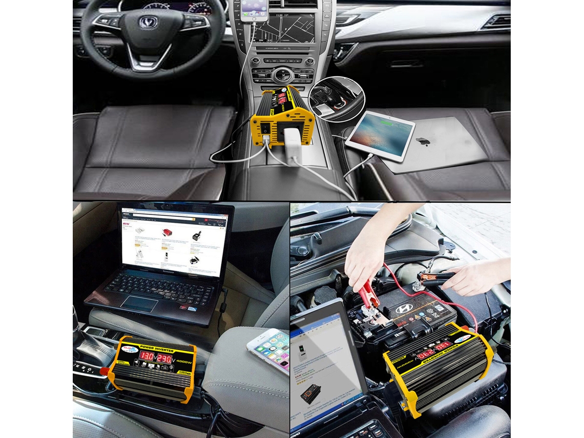 Inversor de onda sinusoidal modificada Primerox de 4000 W de potencia máxima, de 12 V a 220 V con cargador USB para coche de 2,1 A.