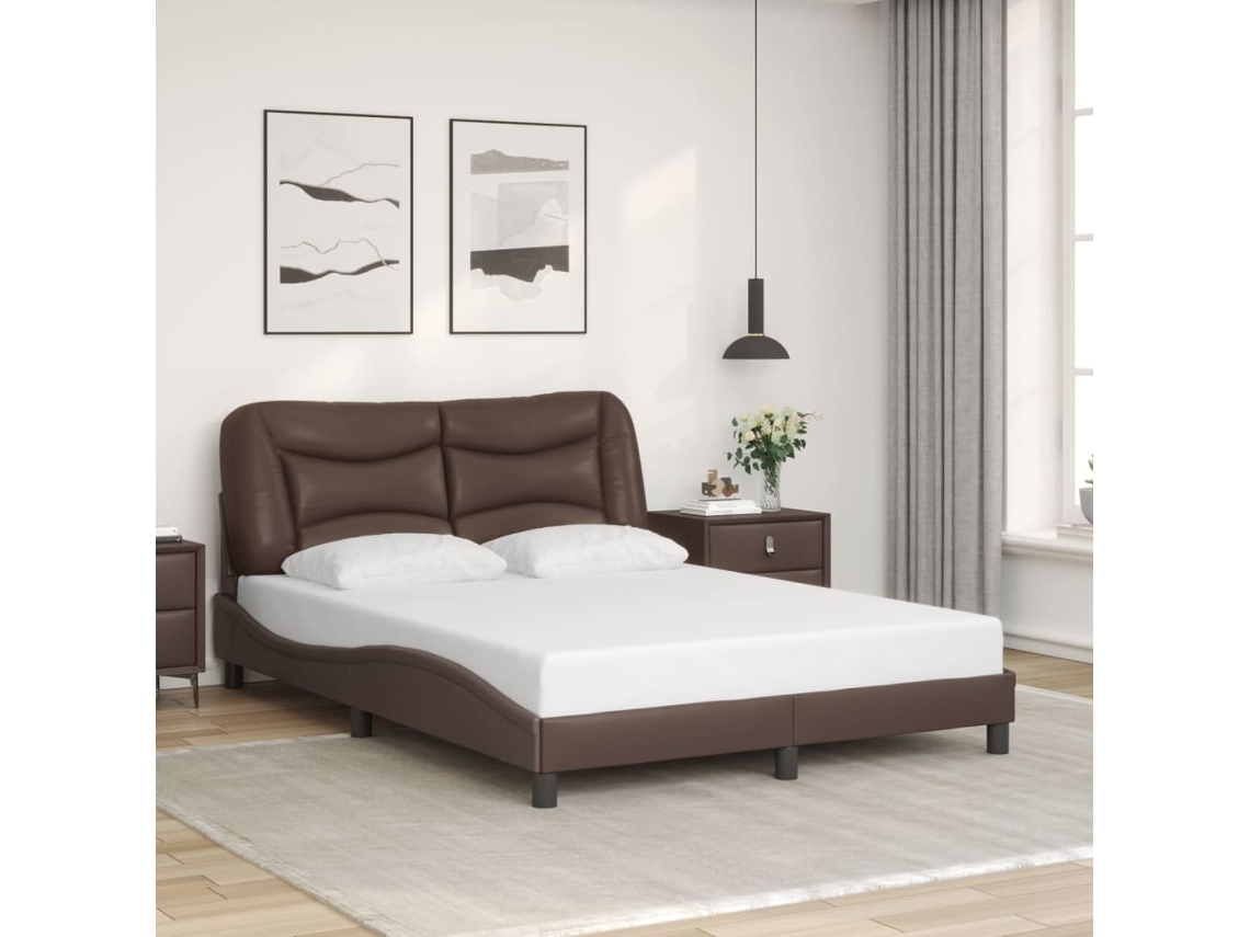 Estructura De Cama Sin Colchón Cuero Sintético Marrón 140x190cm