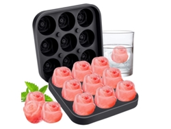Cubitera de silicona con tapa en forma de rosa y 9 compartimentos para bebidas y alimentos.