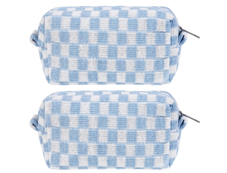Bolsa de cosméticos a cuadros, 1 bolsa de maquillaje de gran capacidad y 1 bolsa de brochas de maquillaje, cuadros azules y blancos