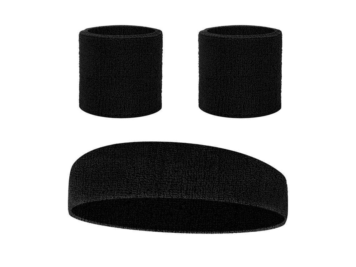 Conjunto de tres piezas Yuysan: diadema y muñequeras absorbentes del sudor, color negro, ideal para yoga, gimnasio y running.