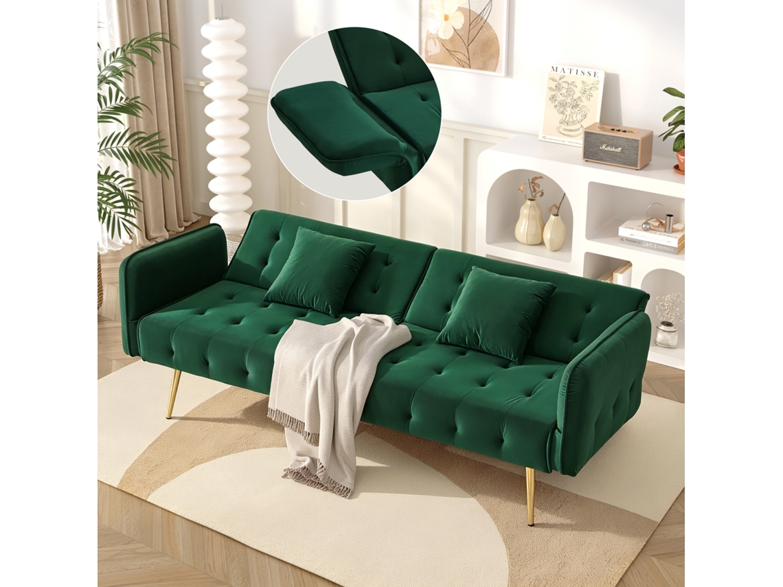 Sofá Cama 2 Plazas - Multifunción, Respaldo Y Reposabrazos Ajustables, Velours - Verde
