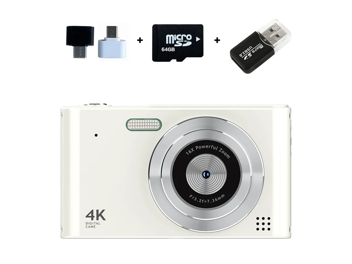 Cámara digital portátil 4K de alta resolución con zoom de 16x, luz de relleno y tarjeta de memoria de 64 GB (blanca)