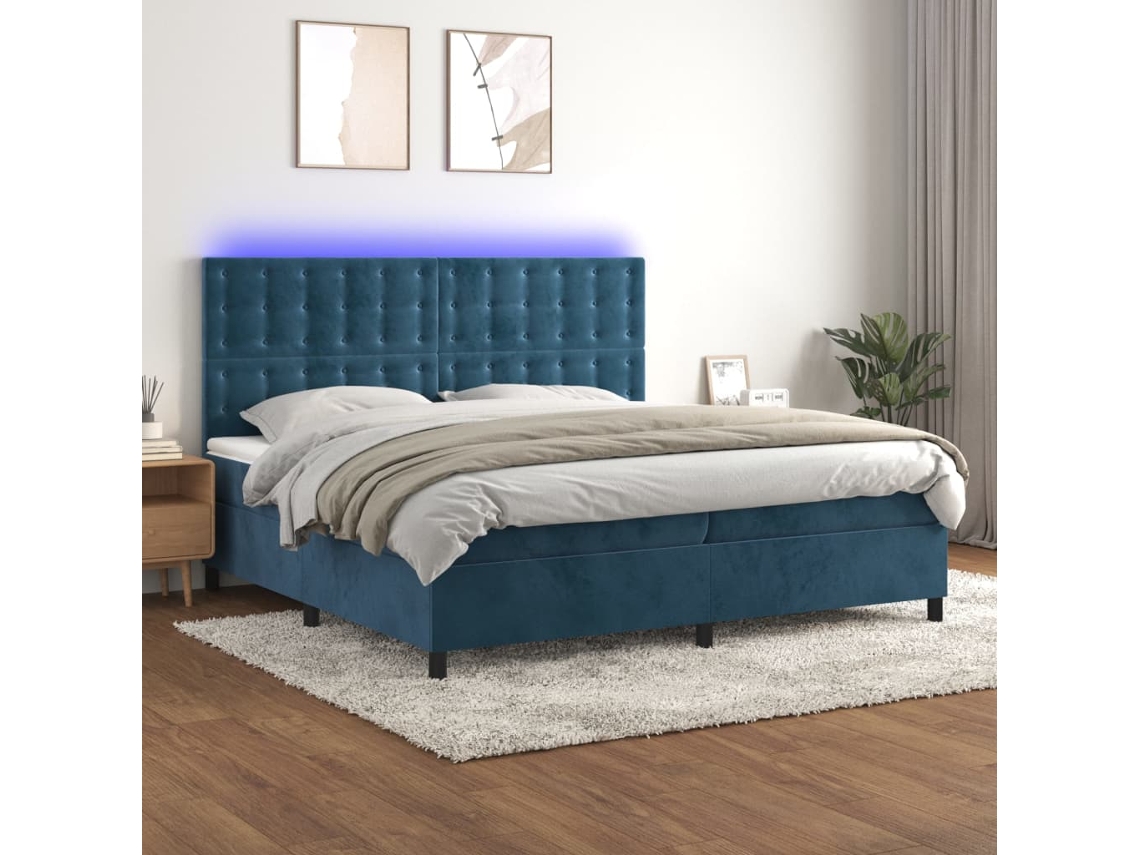Cama Box Spring Colchón Y Led Terciopelo Azul Oscuro 200x200 Cm