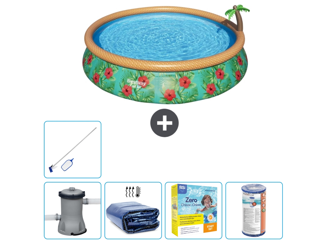 Piscina Hinchable Redonda Fast Set BESTWAY - Estampado Paraíso - 457 x 84 cm - Bomba Incluida Accesorios CB20