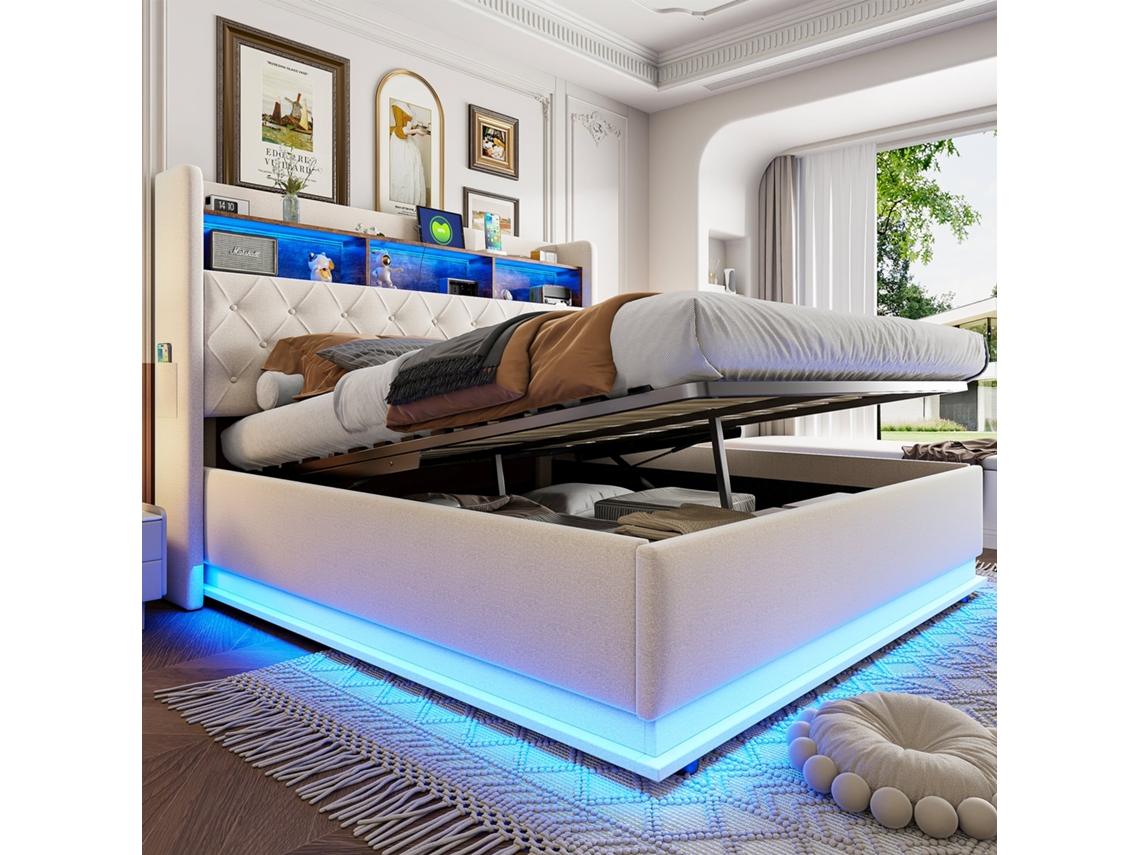 Cama Doble De 180x200 Cm, Color Beige, Lino, Led, Usb-c, Hidráulica.