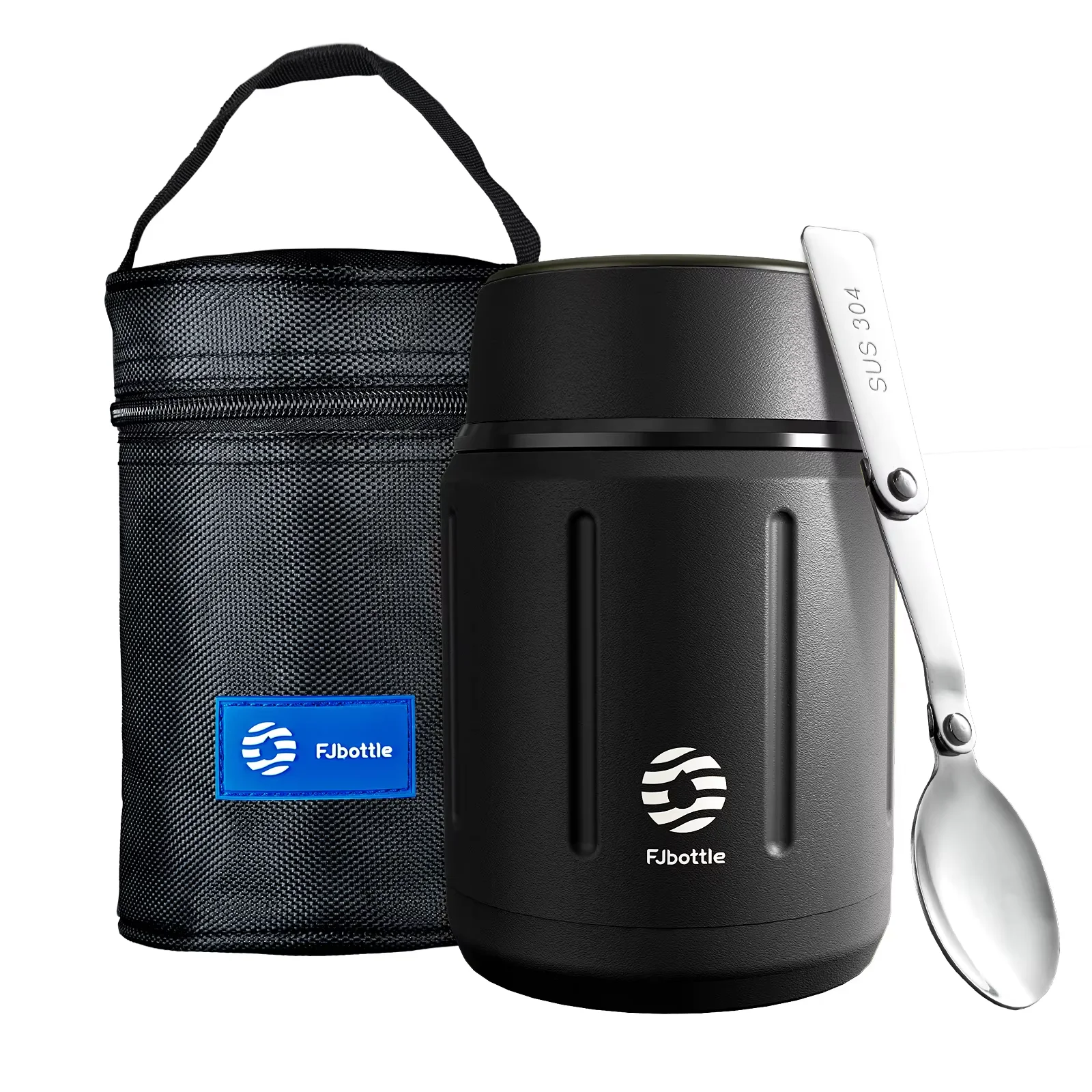 (Negro, 500 ml) Botella térmica apta para alimentos, fabricada en acero inoxidable 316, con aislamiento al vacío y cuchara incluida.