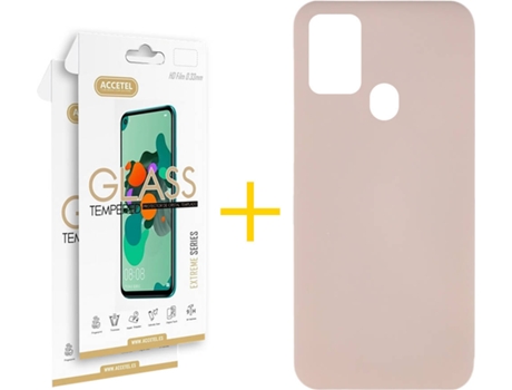 Funda y Protector de Vidrio 2 x Samsung Galaxy A21s ACCETEL Silicona Líquida Rosa Crema