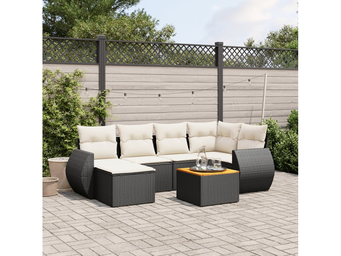 Conjunto de sofá de jardín de 7 piezas con cojines, ratán negro, Dkd Home Decor