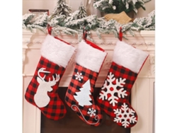 Juego De Calcetines Navideños, 3 Piezas, Calcetines Grandes De 48 Cm (19 Pulgadas) A Cuadros Rojos Y Negros Con Ribete De Piel Y Decoración.
