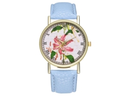 Reloj De Pulsera Analógico Para Mujer Con Correa De Poliuretano Y Esfera Floral Azul Claro.