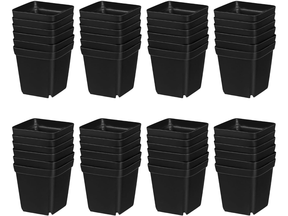 Macetas cuadradas negras para plántulas, 6 cm, paquete de 100 unidades. Macetas ligeras de plástico con sistema de riego.