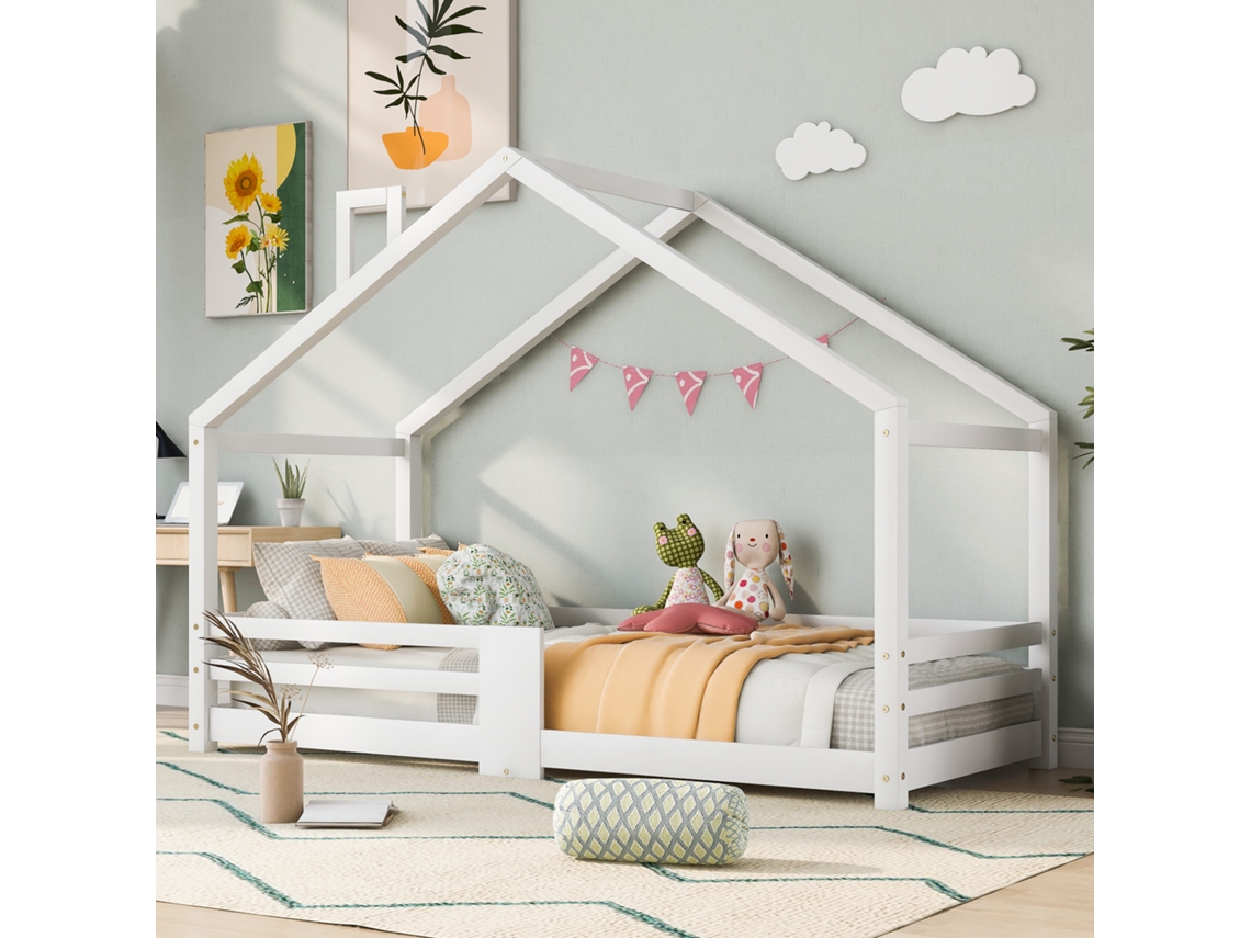 Cama Infantil Con Chimenea, Protección Anticaídas, Somier De Láminas Resistente, Cama-casita Para Niños De 90 X 200 Cm Sin Colchón