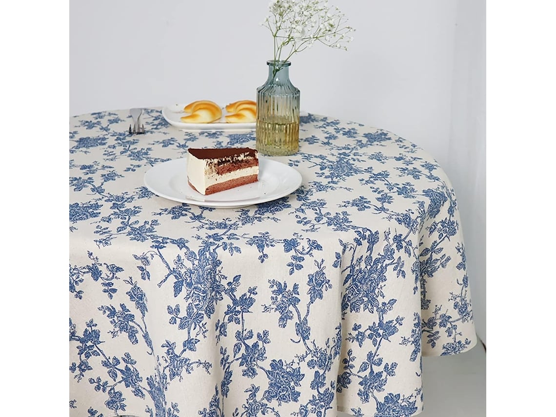 Mantel Redondo Con Motivos Florales Azules, 140 Cm