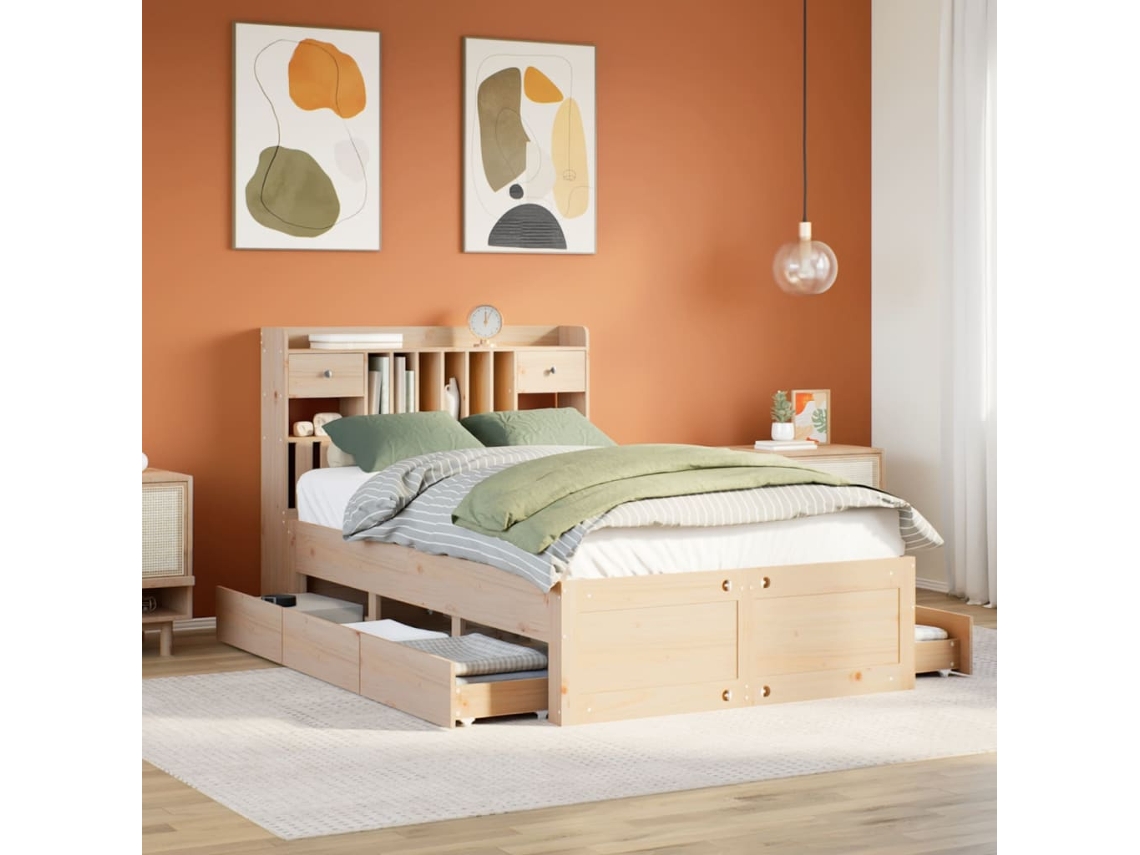 Cama Con Estantería Sin Colchón Madera Maciza De Pino 135x190cm