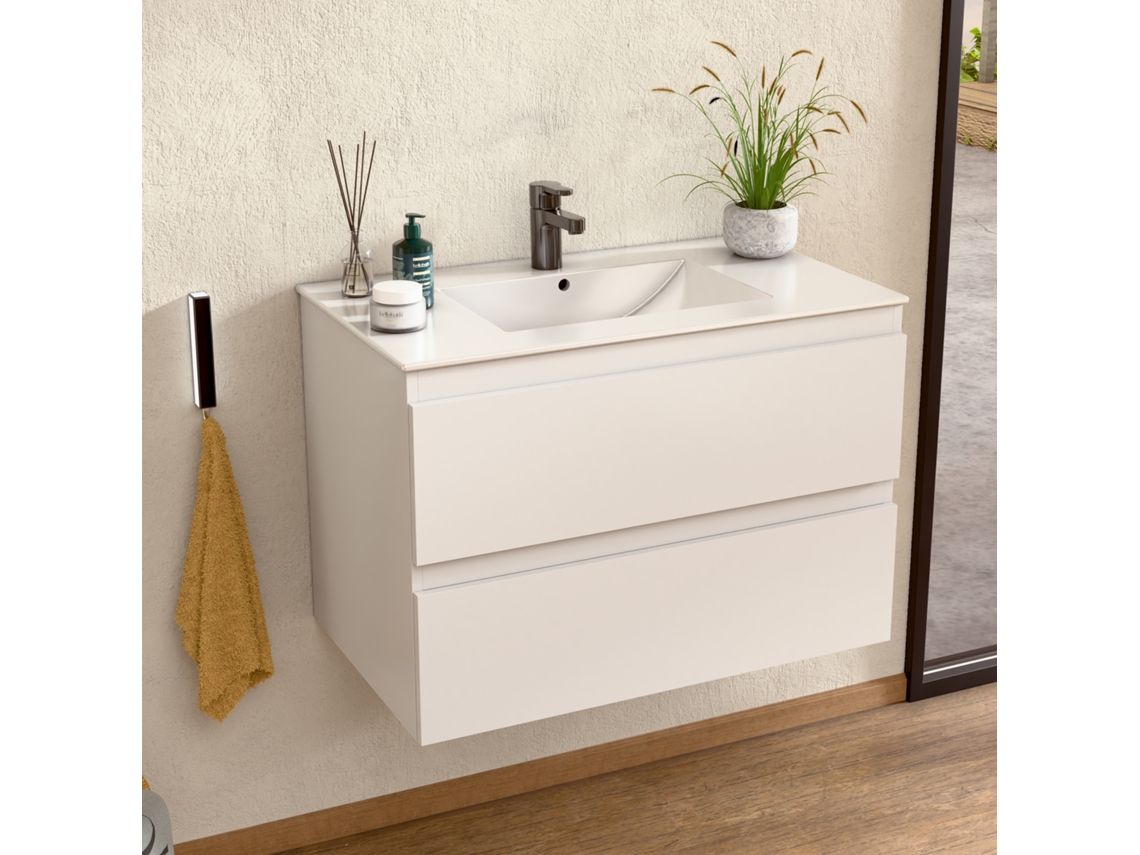Mueble de lavabo con lavabo de cerámica, mueble montado con 2 cajones, 100 x 55 x 46 cm, mueble de lavabo Bellobath blanco.