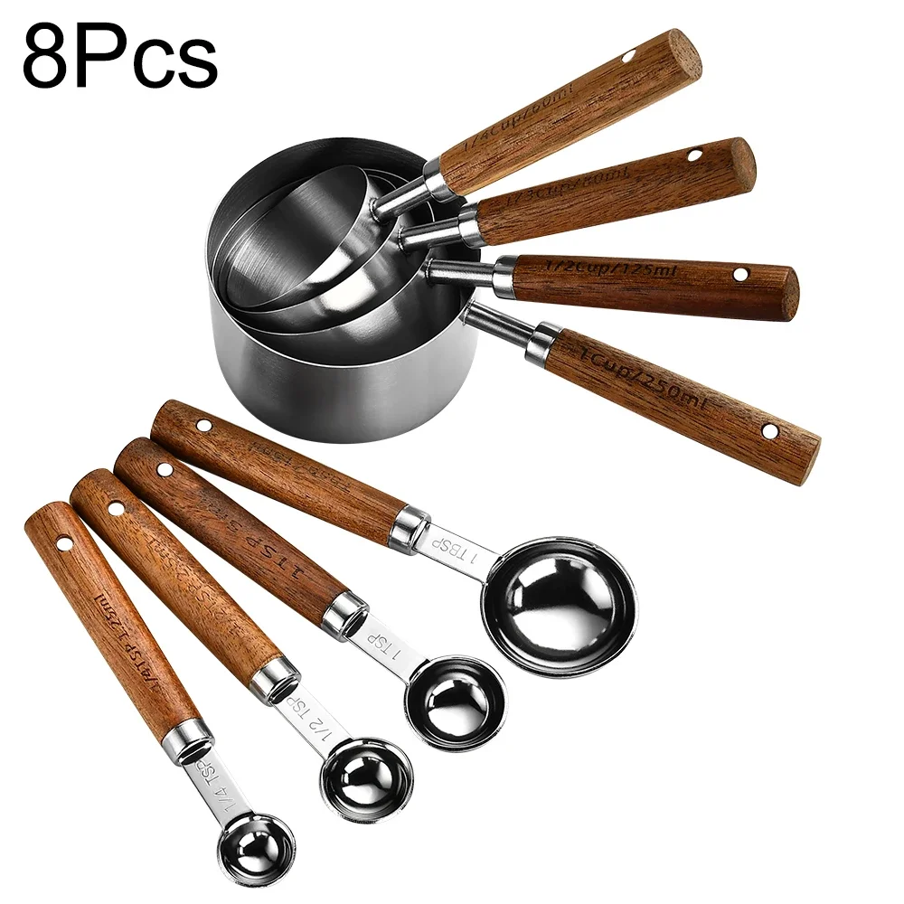 (juego De 8 Piezas, Color Plata) Cucharas Medidoras De Acero Inoxidable Con Graduaciones Y Mango De Madera, Para Uso Doméstico Y En La Cocina.