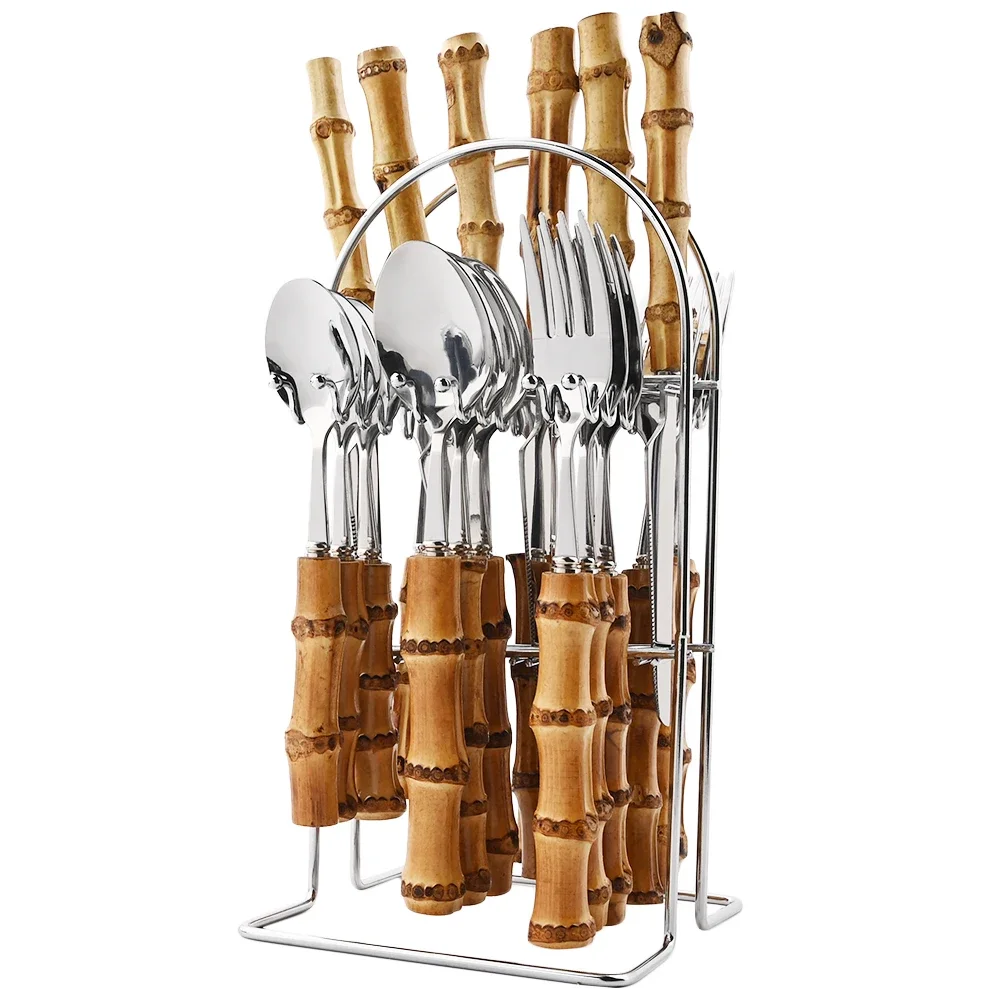 (plata, Juego De 24 Piezas) Cubiertos De Acero Inoxidable Con Mangos De Bambú Natural, Incluye Cuchillo Y Tenedor.