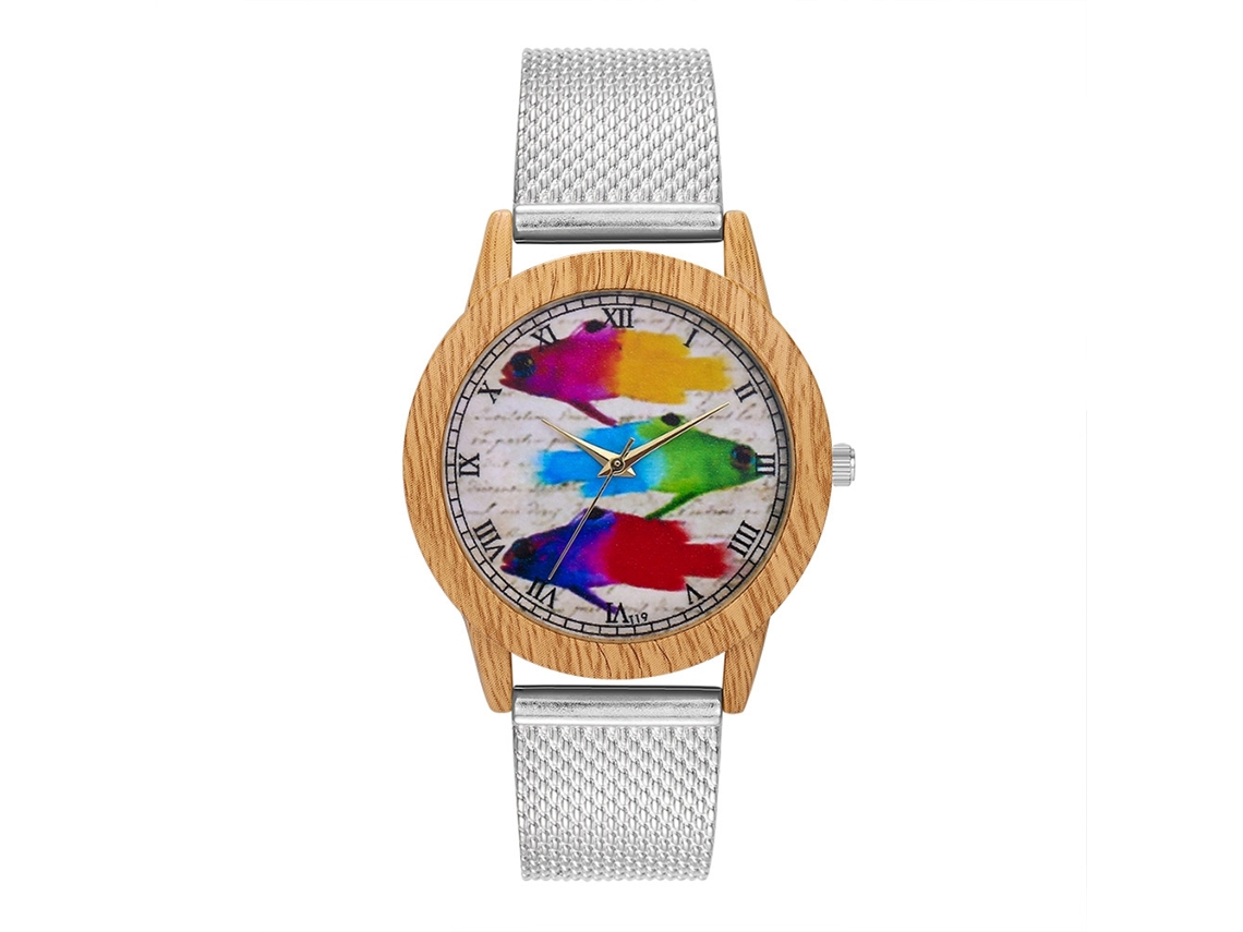 Reloj De Pulsera De Cuarzo Con Brazalete De Malla Con Estampado De Peces Y Números Romanos (plateado)