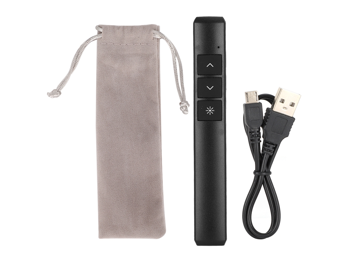 Lápiz presentador inalámbrico Aetheria PP932 con control remoto y puntero láser para presentaciones de PowerPoint, color negro.