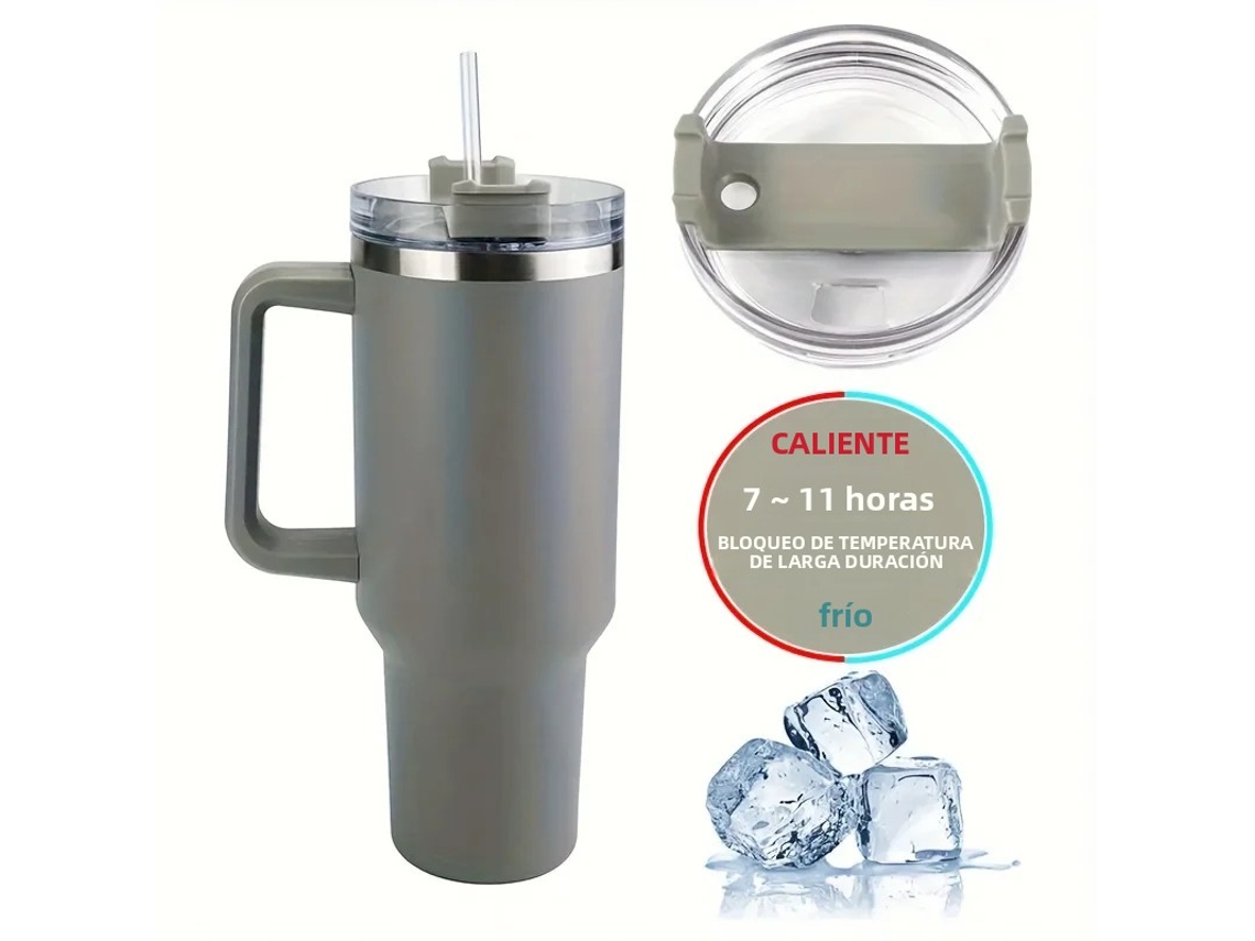 Taza térmica de viaje de 1,18 L con asa y tapa con pajita, doble pared de acero inoxidable (gris)