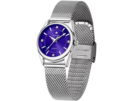 VEANXIN Relojes de pulsera impermeables con correa de malla de acero inoxidable para mujer-Malla azul