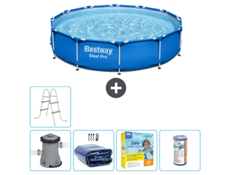 Piscina BESTWAY Round Steel Pro - 366 x 76 cm - Azul - Bomba incluida Vela solar - Paquete de mantenimiento - Filtrar - Escalera