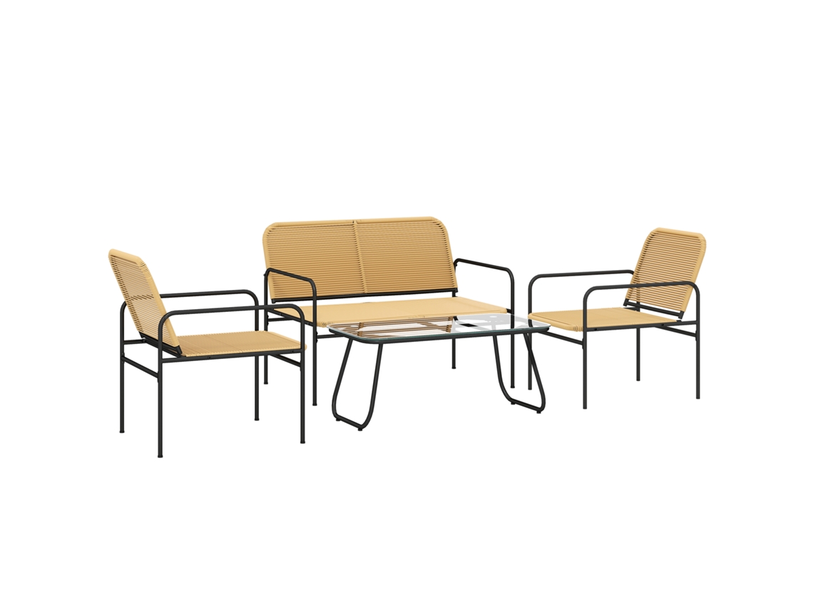 Conjunto de jardín de mimbre para balcón, 2 sillones, sofá de 2 plazas, mesa con tablero de cristal, madera, negro. ZENCORE SERVICES