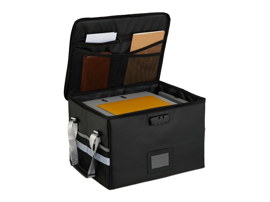 Relaxdays Bolsa Documentos Ignífuga, Caja Carpetas Impermeable, Tamaño A4, Maletín Con Candado Numérico, Con Asas, Negro