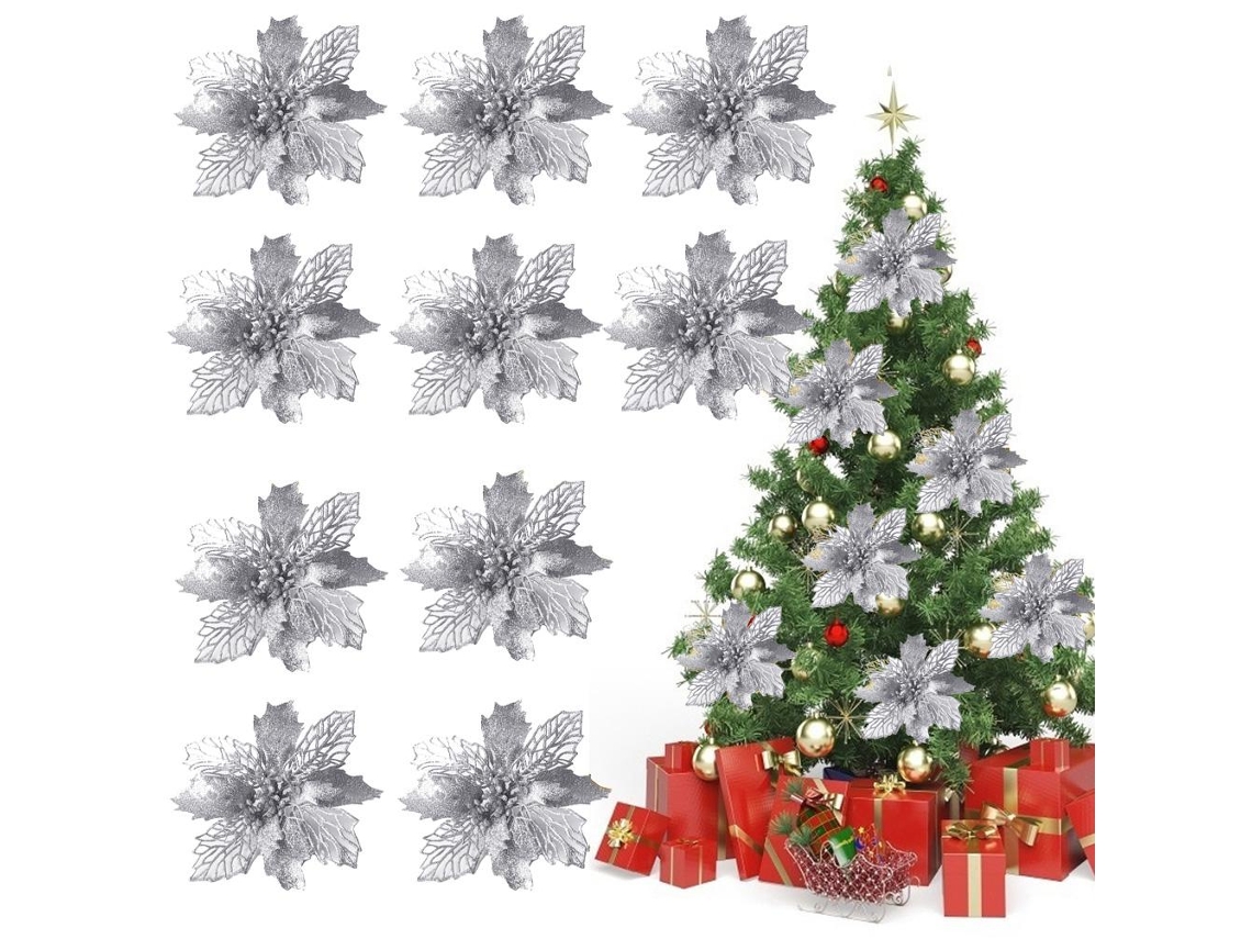 10 Flores Artificiales De Nochebuena Con Purpurina, Decoración Navideña Reutilizable.