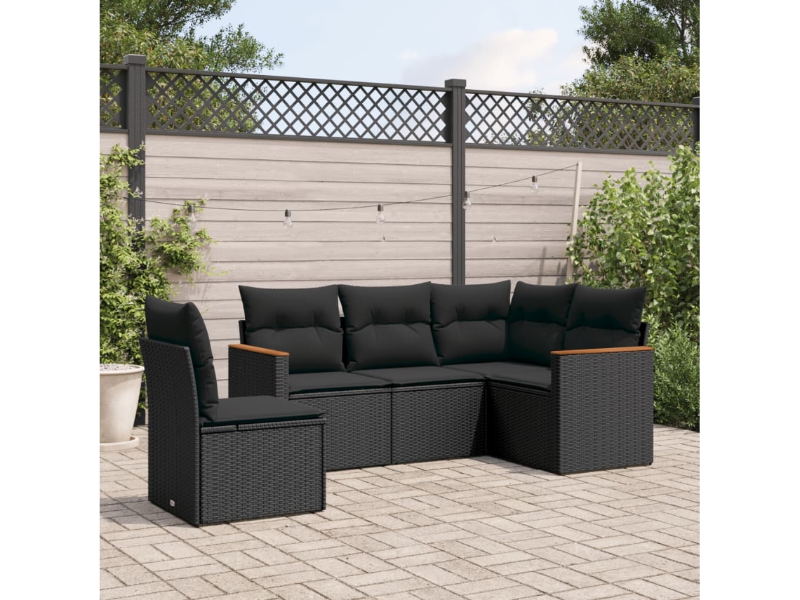 Conjunto de sofá de jardín de 5 piezas con cojines de mimbre sintético negro, Dkd Home Decor