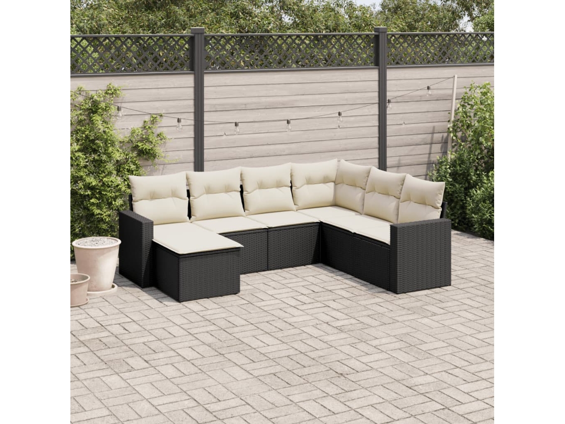 Conjunto de sofá de jardín de 7 piezas con cojines, ratán negro, Dkd Home Decor