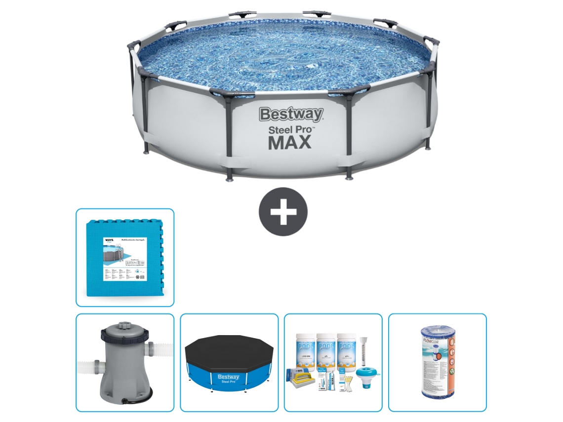 Piscina BESTWAY Round Steel Pro MAX - 305 x 76 cm - Gris - Bomba incluida Cubrir - Paquete de mantenimiento - Filtrar - Baldosas