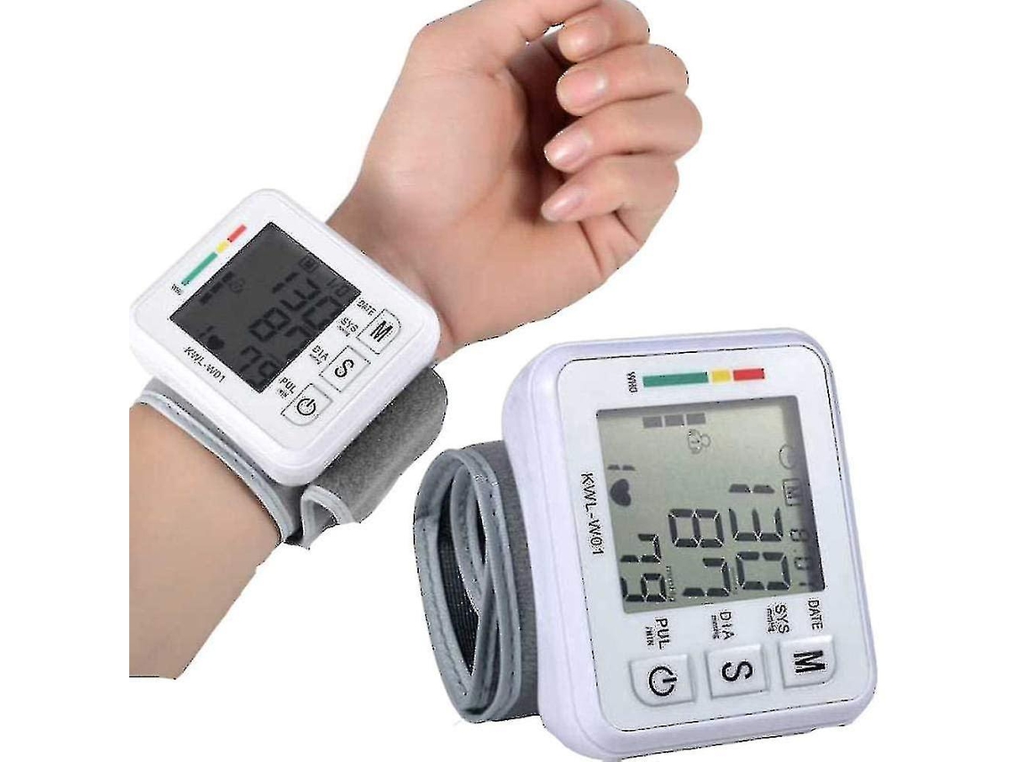 Monitor automático de presión arterial con estuche de transporte para ritmo cardíaco irregular y ajuste de presión arterial en bicicleta eléctrica.