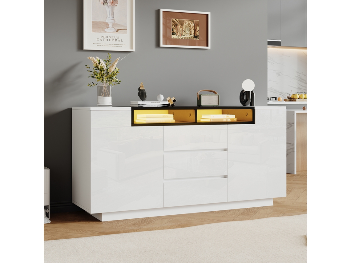 Aparador 140x40x68 cm con 2 puertas en L, 3 cajones, separadores regulables y luces LED, Blanco, Mobrio