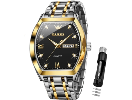 VEANXIN Reloj cuadrado con fecha de negocios, luminoso, resistente al agua, de acero inoxidable, con diamantes cuadrados para hombre(Oro y plata)