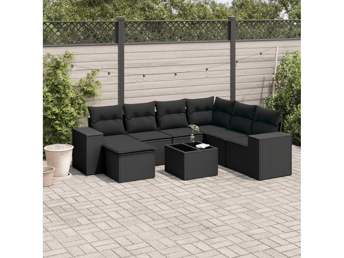 Conjunto de 8 sofás de jardín con cojines de mimbre sintético negro, Dkd Home Decor