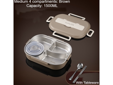 Fiambrera Bento Antigoteo para Adultos-Marrón cuatro rejillas 1500ml (vajilla y tazón de sopa)-1500ml LUUCOZK