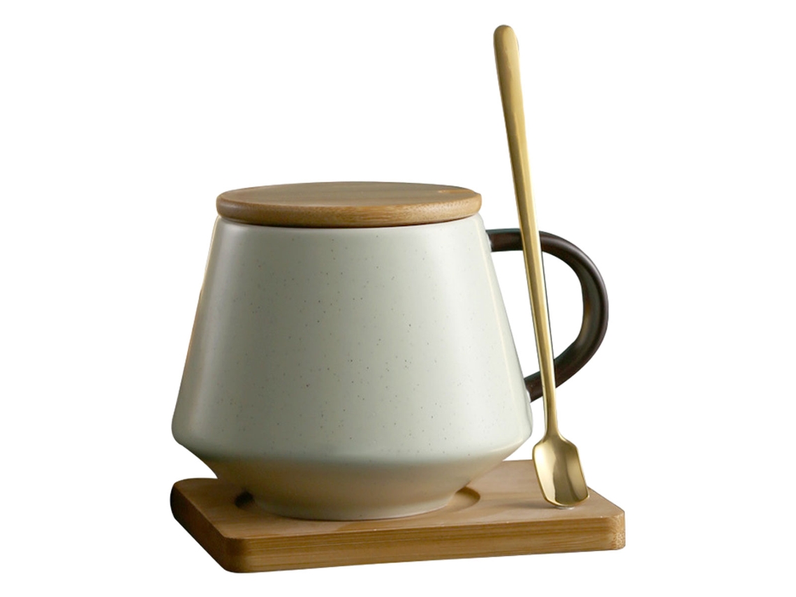 MEOIRUERY Taza de café de cerámica 450ml con tapa y cuchara para uso en casa y oficina