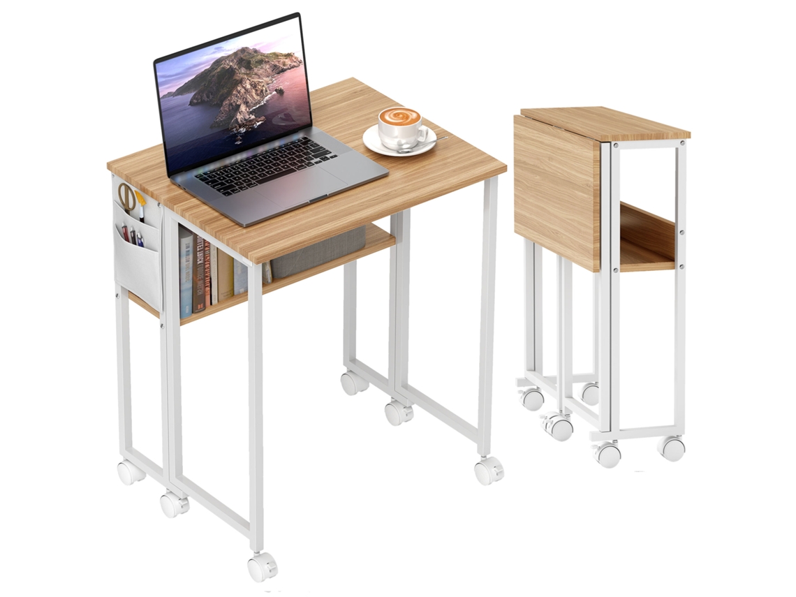 Escritorio Plegable Con Ruedas, 63 X 50 Cm, Con Estante Y Bolsa De Almacenamiento, Madera Natural.