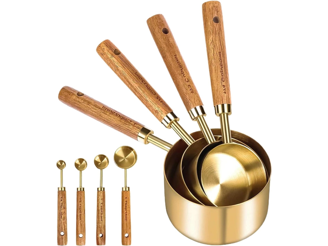 Juego De Utensilios Cocina Para Medir Cucharas Medidoras Acero Inoxidable Con Mangos Madera Apilables 8 Piezas