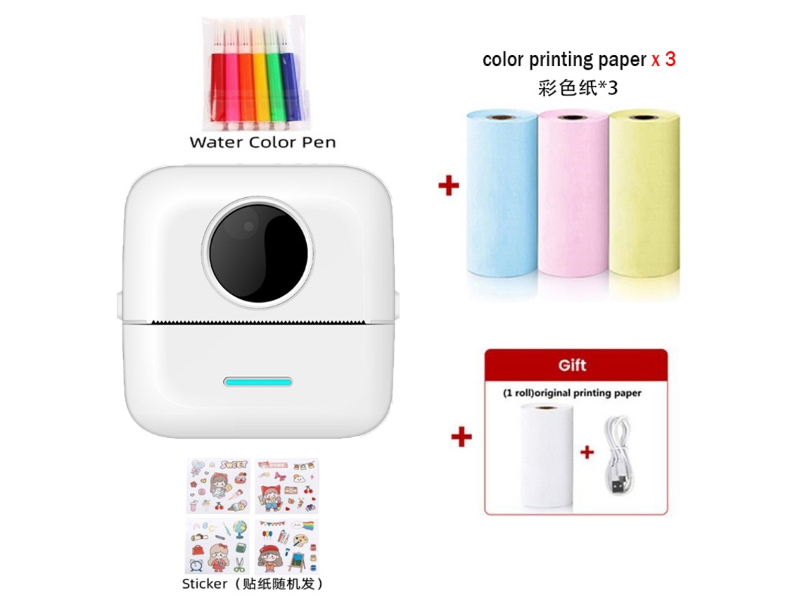 Impresora térmica portátil Mini impresora sin tinta con papel de impresión a color, bolígrafo de acuarela y pegatinas, color blanco Digitallab