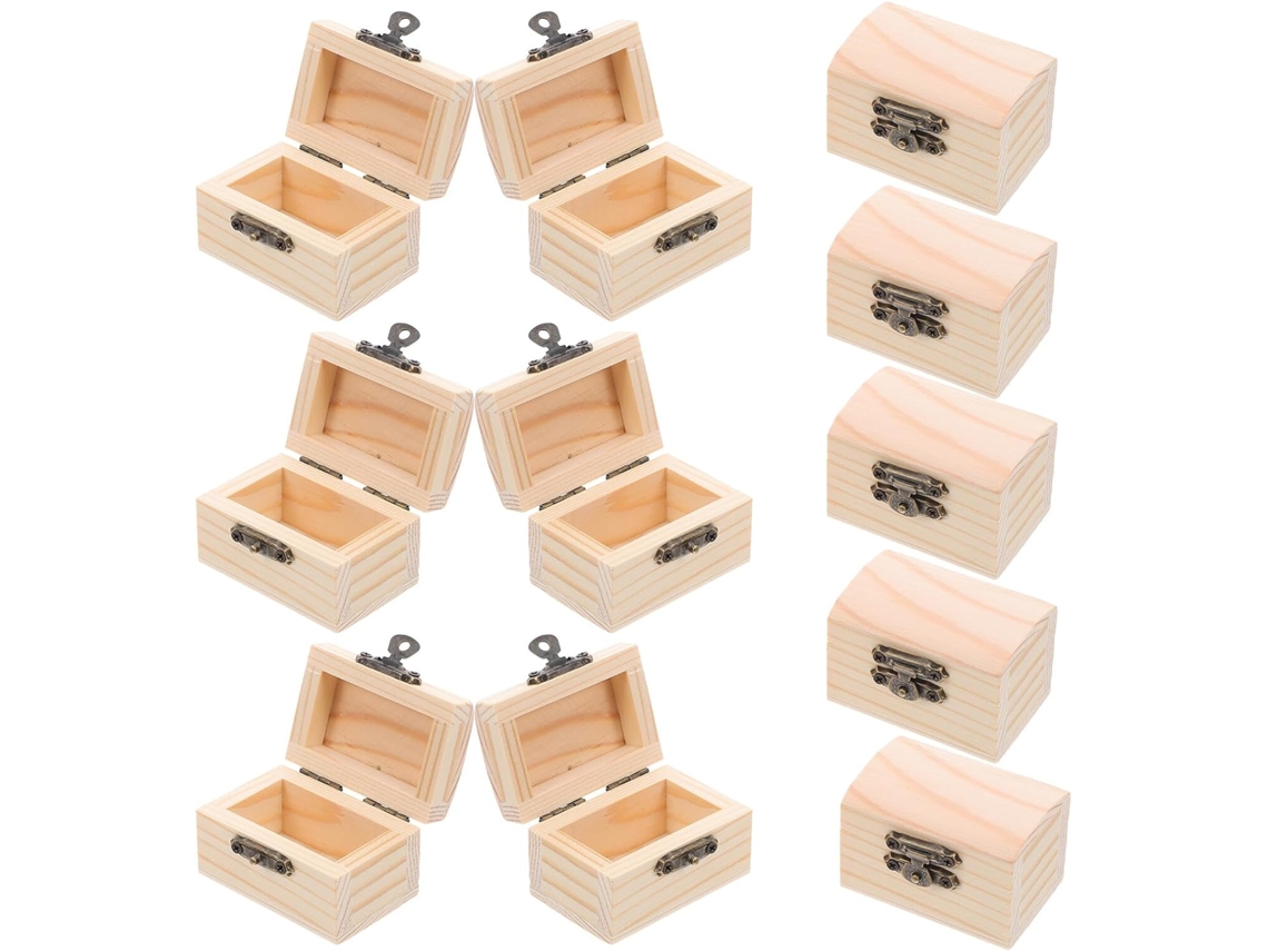 Juego De 12 Mini Cajas De Madera Natural Con Tapa Abatible Y Cierre Metálico Seguro.