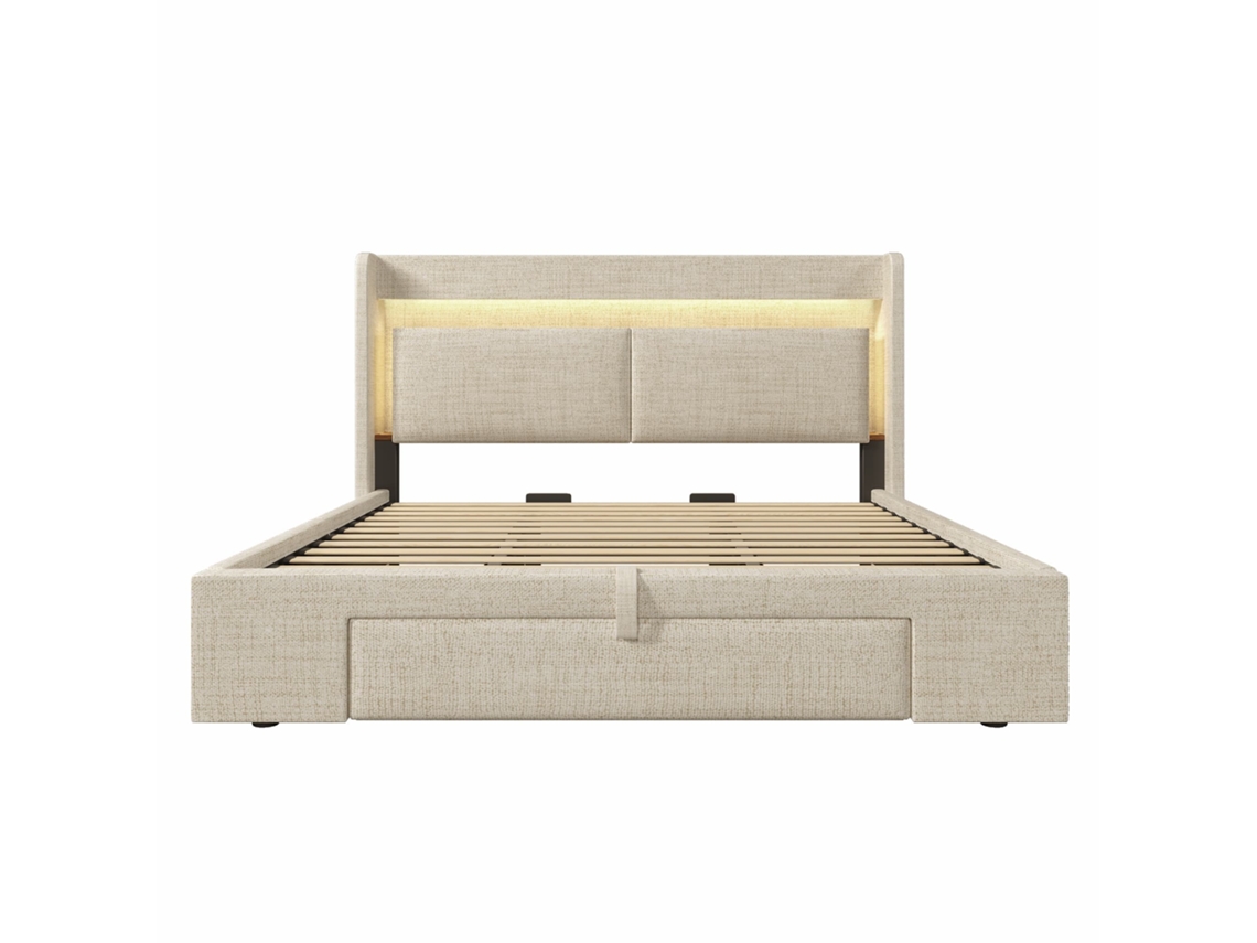 Cama Tapizada 180x200 - Almacenamiento Hidráulico, Cabecero Con Compartimento, Led, Usb/usb-c - Beige